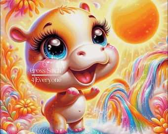 Adorable baby hippopotamus very colorful counted cross stitch pattern digital pdf