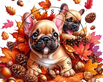 Fawn French Bulldog Autumn Leaves Print (PNG Digital Download)