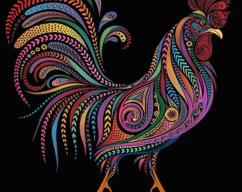 Zentangle Rooster chicken farm roo bright purples counted cross stitch pattern PDF