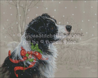 Border Collie dog christmas ribbons sheep counted cross stitch pattern pdf