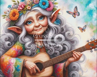 A colorful hippie elf with guitar counted cross stitch pattern digital pdf