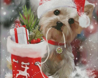 Yorkshire terrier in santa hat yorkie dog counted cross stitch pattern