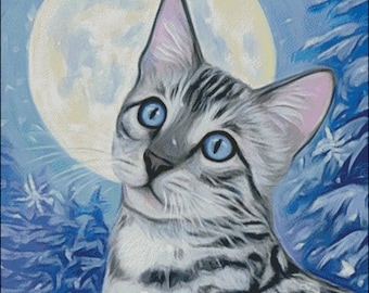 White striped cat with snowflakes and full moon counted cross stitch pattern PDF