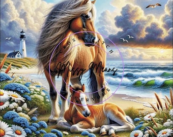A serene horse and baby seascape Cross Stitch Pattern:  (Digital PDF)