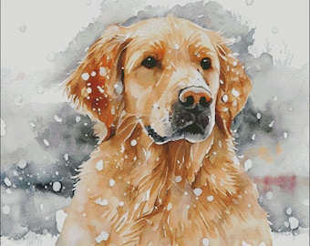 Golden retriever dog winter scene counted cross stitch pattern digital pdf
