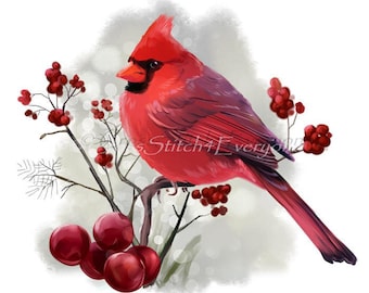 Cardinal Bird with red winter berries counted cross stitch pattern PDF