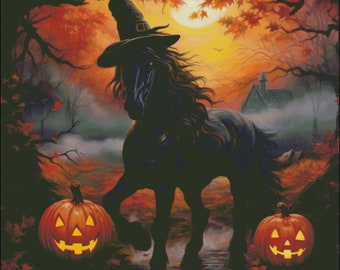 Black friesian horse halloween scene counted cross stitch pattern digital pdf