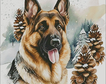 Snowy german shepherd dog christmas winter scene counted cross stitch pattern digital pdf