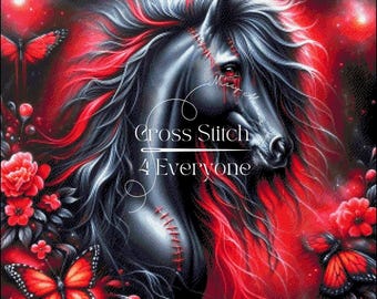 Scary black horse halloween scene Cross Stitch Patterns: (Digital PDF)