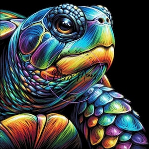 Könnte beinhalten: Eine Nahaufnahme einer bunten, regenbogenfarbenen Meeresschildkröte mit einer detaillierten, strukturierten Schale. Der Kopf der Schildkröte ist zur Seite gedreht, und ihr Auge ist sichtbar. Der Hintergrund ist schwarz.