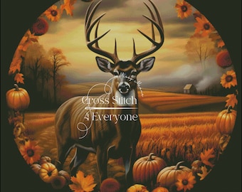 Whitetail buck deer autumn scene counted cross stitch pattern digital pdf