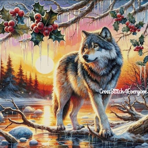 May include: A gray wolf stands on a snowy branch over a frozen lake. The wolf is looking to the right. The background is a sunset with a bright orange sky and a bright yellow sun. There are icicles hanging from the branches of trees and red berries on the branches.
