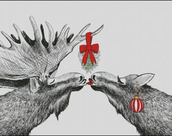 Moose bull cow kiss mistletoe christmas counted cross stitch pattern digital PDF