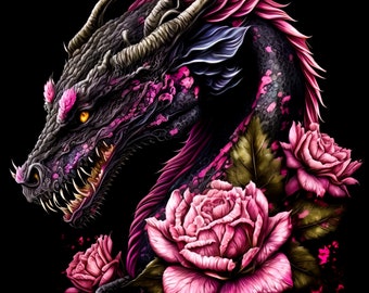 A Dragon surrounded by roses fantasy counted cross stitch pattern digital pdf
