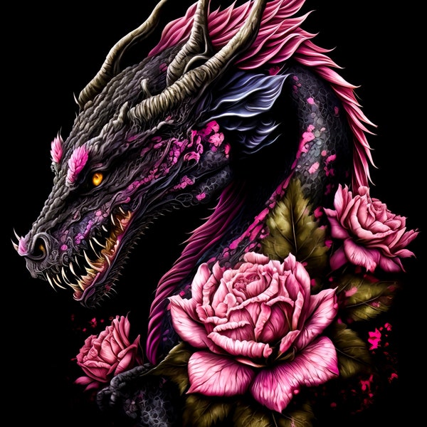 Un dragon entouré de roses fantaisie point de croix compté modèle numérique pdf