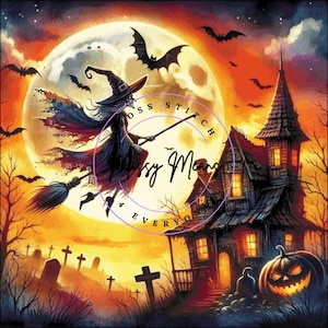 May include: A digital illustration of a Halloween scene featuring a witch flying on a broom in front of a full moon. A haunted house, bats, and a jack-o'-lantern are also visible. The text "Cross Stitch by Jessy Means 4 Everyone" is in the image.
