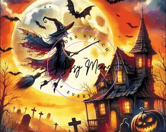 A witch moon bats Halloween holiday Cross Stitch Pattern:  (Digital PDF)