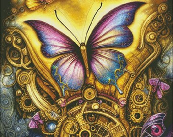 Butterfly steampunk style adorned with jewels counted cross stitch pattern digital pdf