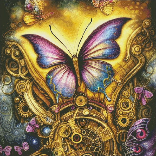 Butterfly steampunk style adorned with jewels counted cross stitch pattern digital pdf