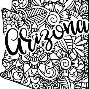 May include: Black and white line art illustration of the state of Arizona with a stylized floral design and the word "Arizona" written in a bold, cursive font.