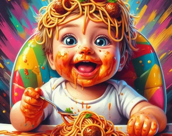 Adorable little boy enjoying spaghetti and meatballs counted cross stitch pattern digital pdf