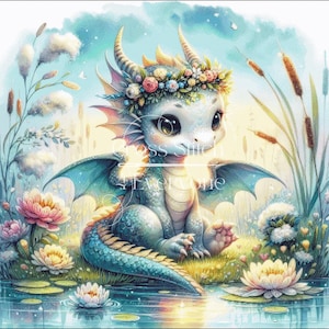 May include: A whimsical illustration of a baby dragon with a flower crown, sitting near a pond with water lilies. The dragon is light blue with teal wings and a long tail. The text "Cross Stitch Everyone" is in the image.