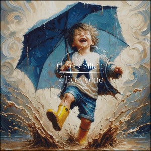 Puede incluir: Un niño pequeño con una camisa azul y pantalones cortos azules corre por un charco con una sombrilla azul. Está sonriendo y riendo. El agua le salpica alrededor. El fondo es un cielo nublado.