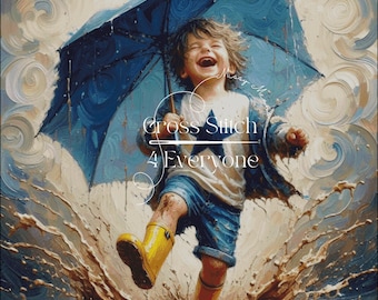 A boy enjoying the rain counted cross stitch pattern digital pdf
