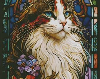 Calico cat long hair as stained glass counted cross stitch pattern digital pdf