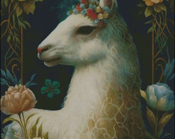 White llama with floral accents counted cross stitch pattern digital pdf download