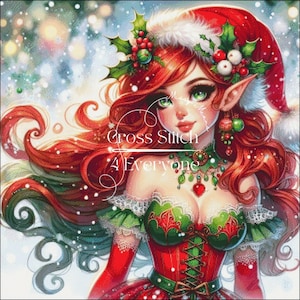 May include: A digital illustration of a Christmas elf with long red hair, green eyes, and pointed ears. She wears a red and green outfit with a matching hat adorned with holly and berries. The text "Cross Stitch 4 Everyone" is visible.