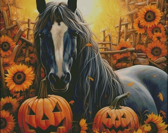 Blaze faced horse in autumn scene pumpkins counted cross stitch pattern digital pdf