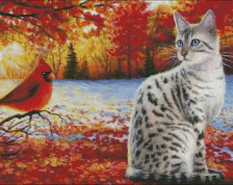 Bengal cat red cardinal bird autumn colored leaves counted cross stitch pattern PDF