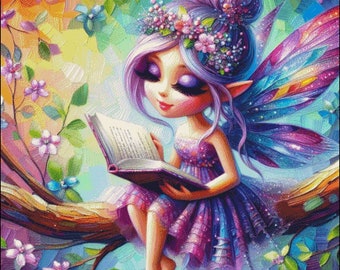 Fairy Reading Cross Stitch Pattern: Colorful Fantasy Art (Digital PDF)