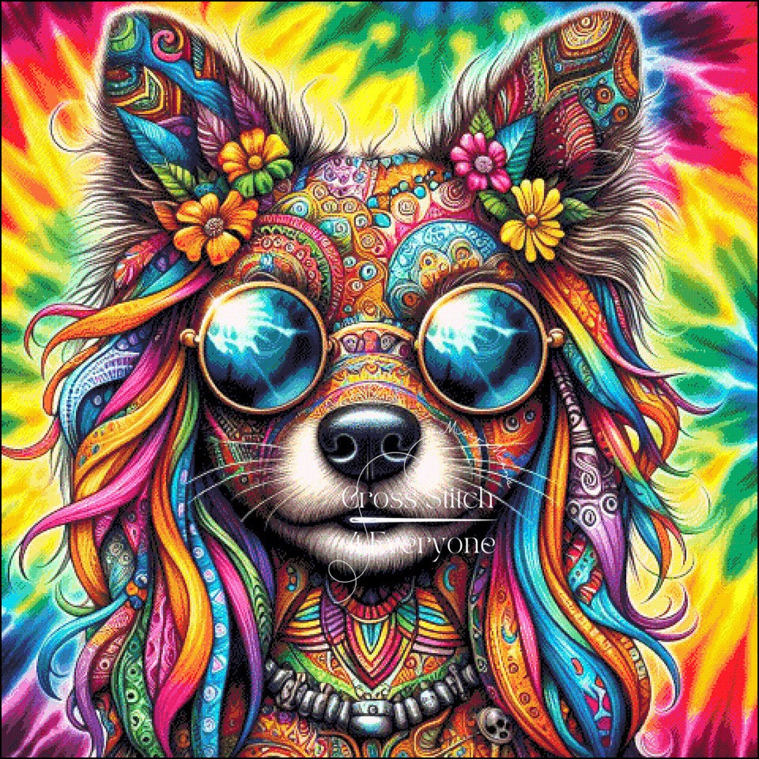 A Bright Groovy Psychedelic Hippie Dog Counted Cross Stitch