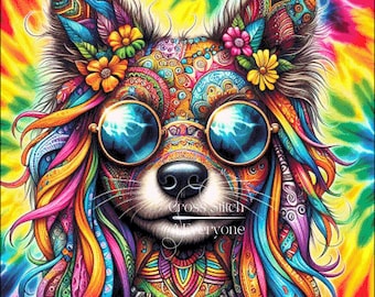 A bright groovy psychedelic hippie dog  counted cross stitch pattern digital pdf