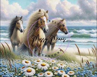 Three horses on a beach seascape Cross Stitch Pattern:  (Digital PDF)