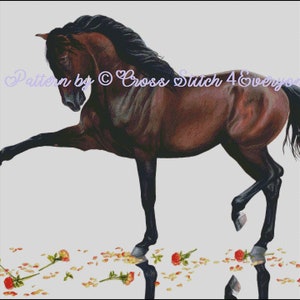 Bay dressage horse with flowers counted cross stitch pattern