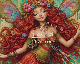 A colorful fairy hippie counted cross stitch pattern digital pdf