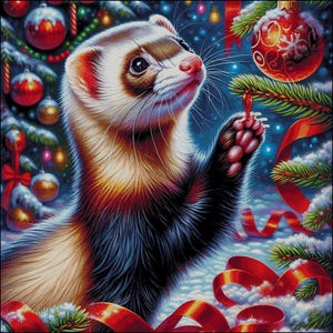 May include: A ferret with brown and white fur is looking up at a red Christmas ornament hanging on a Christmas tree. The ferret is wearing a red ribbon around its neck. The background is a dark blue with white snow.