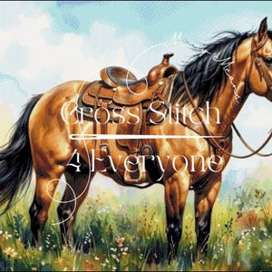 May include: A cross-stitch pattern featuring a brown horse with a saddle, standing in a field of wildflowers. The horse has a black mane and tail. The text "Cross Stitch 4 Everyone" is overlaid on the image.