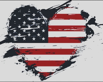 American flag grunge distressed heart counted cross stitch pattern digital pdf