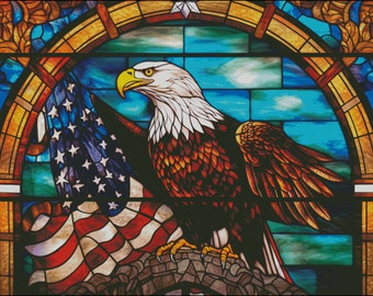 Bald Eagle American Flag Stained Glass Cross Stitch Pattern (Digital PDF)