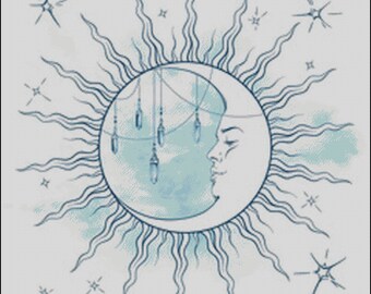 Celestial moon with beams mystical  counted cross stitch pattern