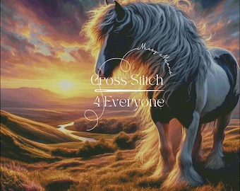 A beautiful gypsy vanner horse in a stunning landscape counted cross stitch pattern digital pdf