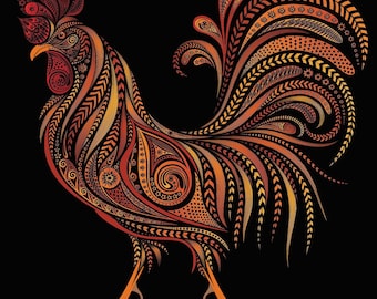 Zentangle Rooster chicken farm roo bright colors counted cross stitch pattern PDF