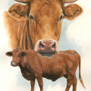 May include: A brown cow with a calf standing in front of it. The cow has a light brown coat and the calf has a darker brown coat.
