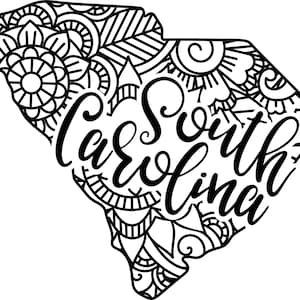 May include: Black and white outline of the state of South Carolina with a floral design and the text "South Carolina" inside the outline.