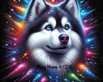 A colorful siberian husky dog cosmic background counted cross stitch pattern a digital pdf