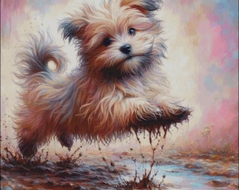 An adorable colorful puppy splashing in a mud puddle counted cross stitch pattern digital pdf